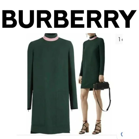 Burberry Women's Dark Green Zoya Two-Tone Shift Dress Size 2 - Picture 1 of 16